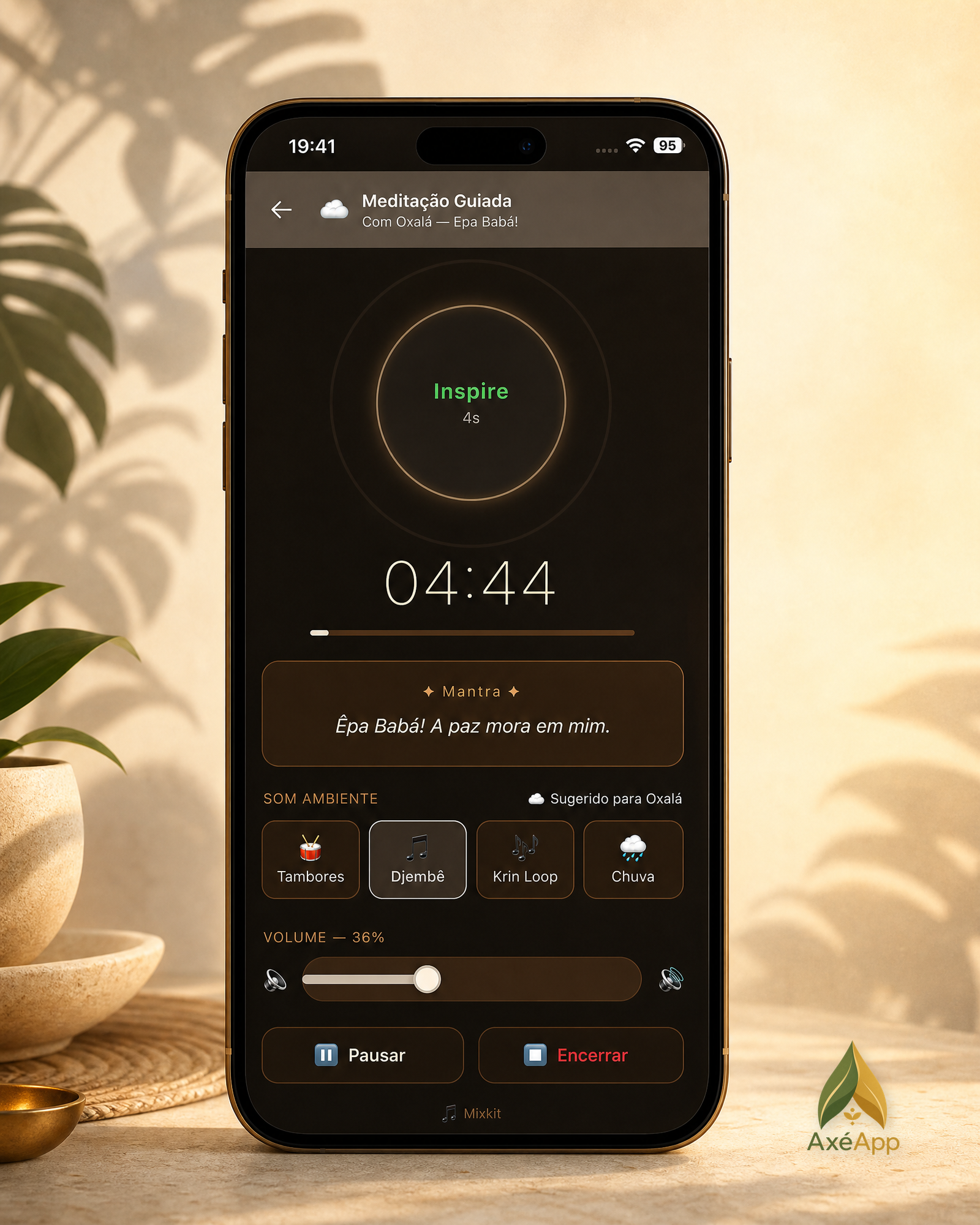 AxéApp no celular — meditação guiada com Oxalá